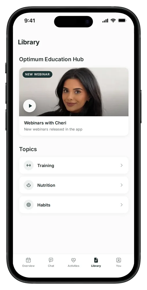 Optimum Education Hub webinars in the coaching app